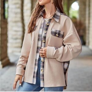 Plaid Accent Tan Button-Up Shacket